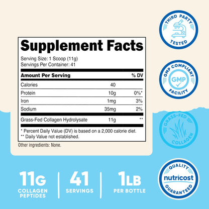 Nutricost Collagen Peptides Powder 1LB (454 G) - Grass Fed Bovine Collagen Hydrolysate (Unflavored) - dailyvitalstore