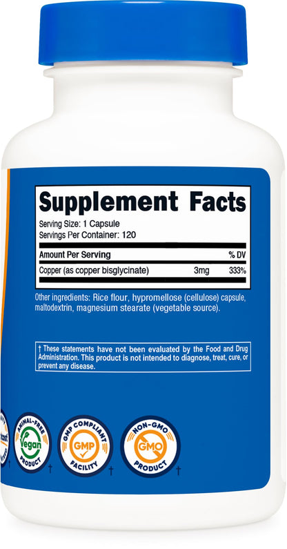Nutricost Copper Glycinate Capsules (120 Capsules, 3MG Copper per Serving) - Non GMO, Vegan - dailyvitalstore