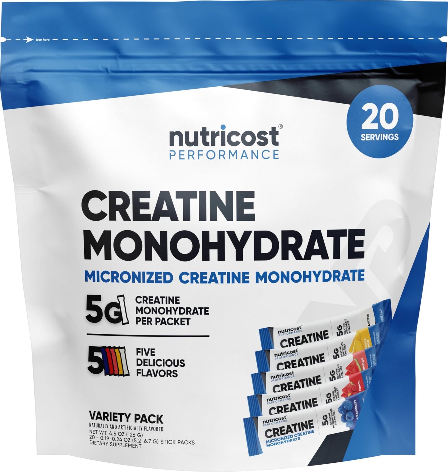 Nutricost Creatine Monohydrate Powder Variety Stickpacks (5 Flavors, 20 Servings) - Micronized, 5 Grams of Creatine Monohydrate Per Pack - dailyvitalstore