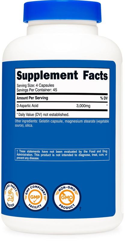 Nutricost D-Aspartic Acid (DAA) Capsules 3000mg Per Serving (180 Capsules) - Non-GMO - dailyvitalstore