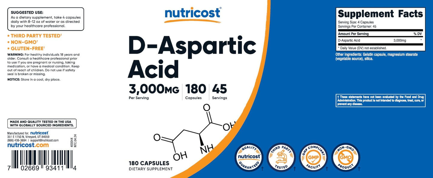 Nutricost D-Aspartic Acid (DAA) Capsules 3000mg Per Serving (180 Capsules) - Non-GMO - dailyvitalstore