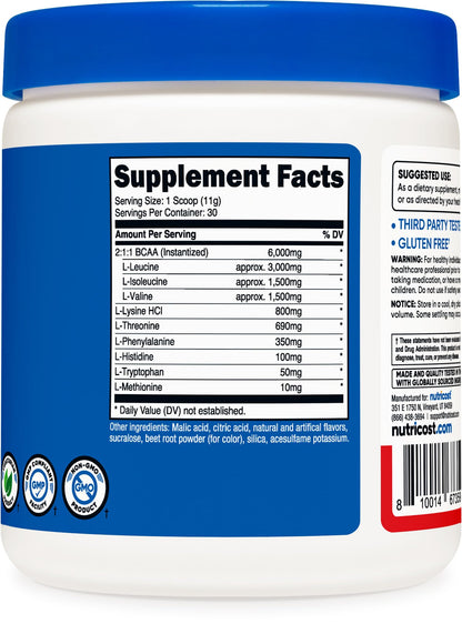 Nutricost EAA Powder 30 Servings (Fruit Punch) - Essential Amino Acids - Non-GMO, Gluten Free, Vegetarian Friendly - dailyvitalstore