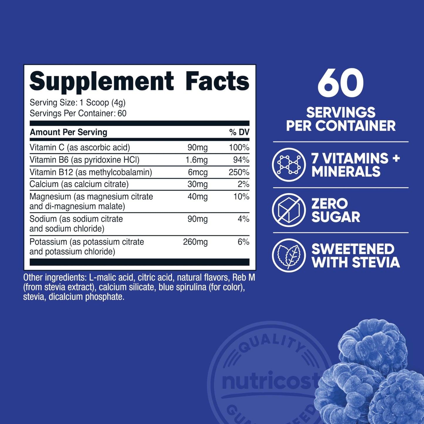Nutricost Electrolyte Complex Powder (60 Servings, Blue Raspberry) - Hydration Supplement Drink Mix with Vitamins and Minerals - dailyvitalstore