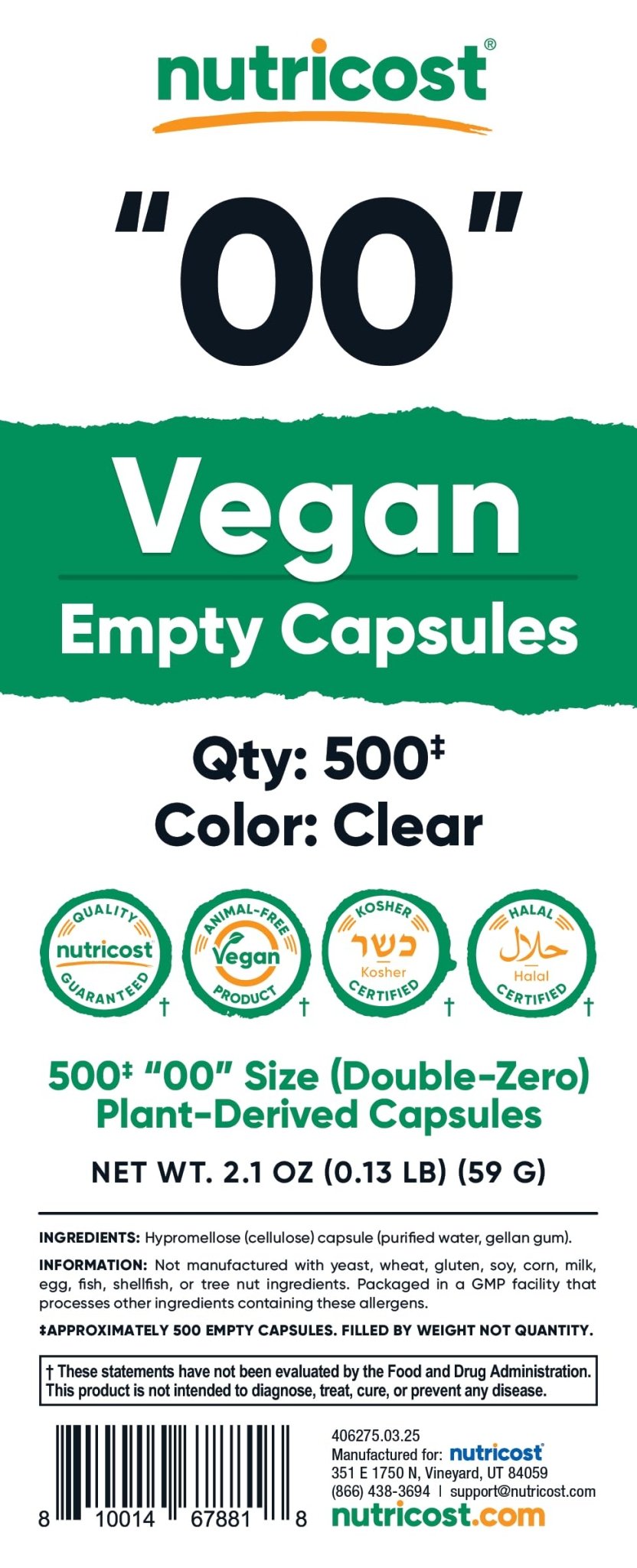 Nutricost Empty Capsules Size 00 Vegan - 500 Clear Empty Plant-Based Capsules - Kosher Certified, Halal Certified, Non-GMO, Soy Free, Gluten Free, Vegetarian - dailyvitalstore