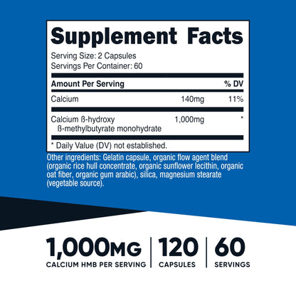 Nutricost HMB (Beta-Hydroxy Beta-Methylbutyrate) 1000mg (120 Capsules) - 500mg Per Capsule, 60 Servings - Gluten Free and Non-GMO - dailyvitalstore