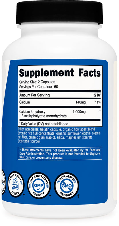 Nutricost HMB (Beta-Hydroxy Beta-Methylbutyrate) 1000mg (120 Capsules) - 500mg Per Capsule, 60 Servings - Gluten Free and Non-GMO - dailyvitalstore