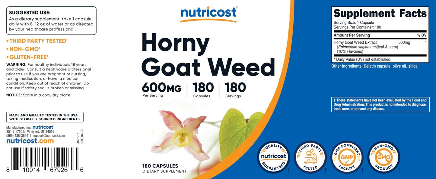 Nutricost Horny Goat Weed Extract (Epimedium) - 180 Capsules, 180 Servings, 600mg Per Capsule - dailyvitalstore
