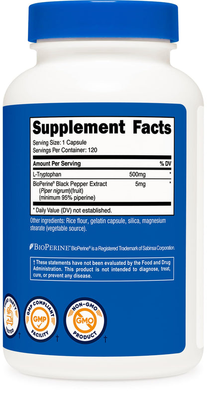 Nutricost L-Tryptophan 500mg, 120 Capsules - with BioPerine, Gluten Free, Non-GMO - dailyvitalstore