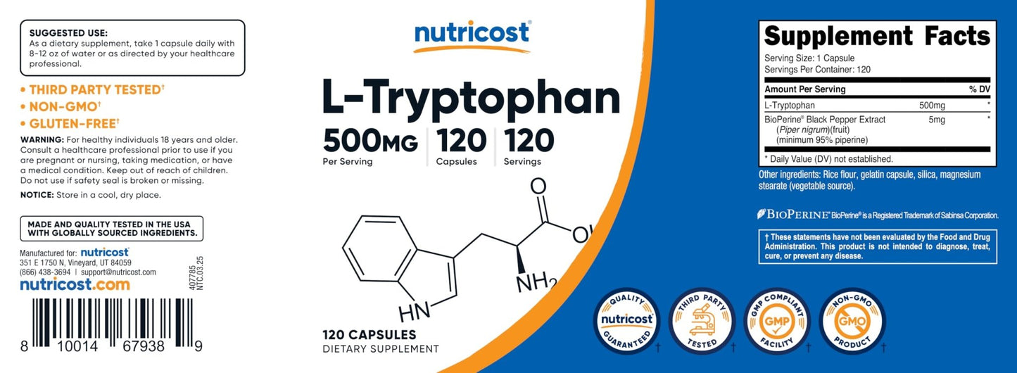Nutricost L-Tryptophan 500mg, 120 Capsules - with BioPerine, Gluten Free, Non-GMO - dailyvitalstore