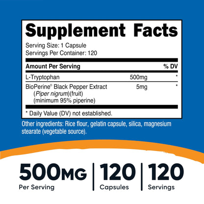 Nutricost L-Tryptophan 500mg, 120 Capsules - with BioPerine, Gluten Free, Non-GMO - dailyvitalstore