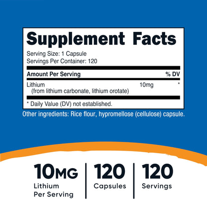 Nutricost Lithium Orotate (10mg) 120 Capsules - Vegan Lithium Supplement, GMO-Free, Gluten-Free - dailyvitalstore
