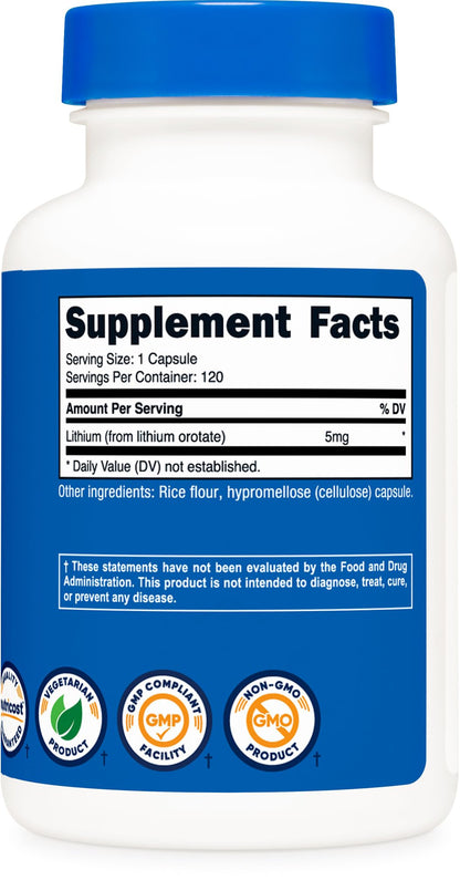 Nutricost Lithium Orotate 5mg, 120 Capsules - Veggie Caps, Non-GMO, Gluten Free - dailyvitalstore