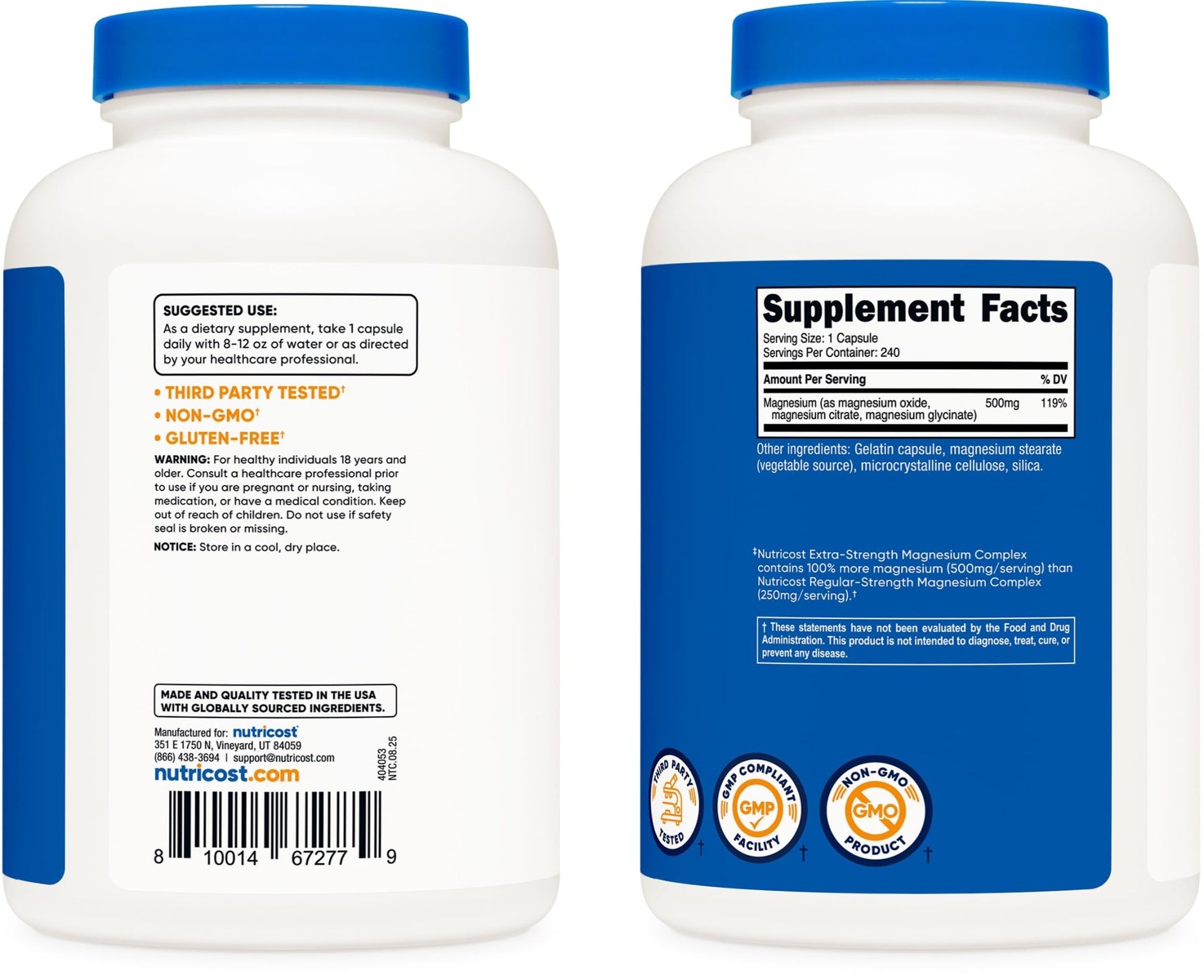 Nutricost Magnesium Complex 500mg, 240 Capsules - Magnesium Oxide, Citrate, and Glycinate - Gluten Free and Non-GMO - dailyvitalstore