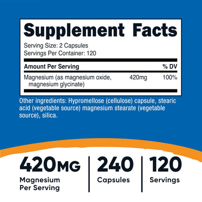 Nutricost Magnesium+ Extra Strength 420mg, 240 Capsules - 120 Servings. Magnesium Oxide and Glycinate - Non-GMO, Gluten Free, Vegan Friendly - dailyvitalstore