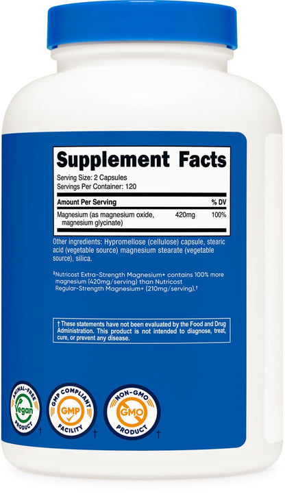 Nutricost Magnesium+ Extra Strength 420mg, 240 Capsules - 120 Servings. Magnesium Oxide and Glycinate - Non-GMO, Gluten Free, Vegan Friendly - dailyvitalstore