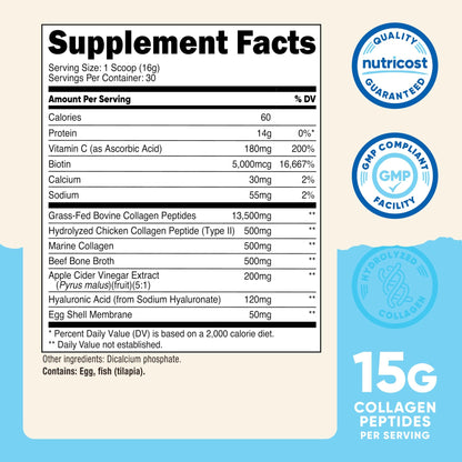 Nutricost Multi Collagen Protein Complex (Unflavored, 30 Servings) - Supplement with Biotin, Hyaluronic Acid, and Collagen Peptides - dailyvitalstore