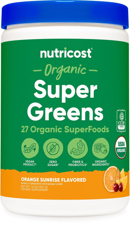 Nutricost Organic Super Greens Powder (30 Servings) Orange Sunrise Flavor - Superfood Supplement Drink Mix - dailyvitalstore