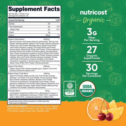 Nutricost Organic Super Greens Powder (30 Servings) Orange Sunrise Flavor - Superfood Supplement Drink Mix - dailyvitalstore