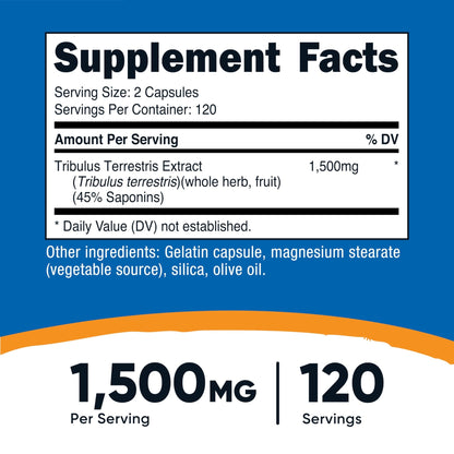 Nutricost Tribulus Terrestris Extract 1500mg, 240 Capsules - 45% Saponins, 120 Servings, Non-GMO, Gluten Free - dailyvitalstore