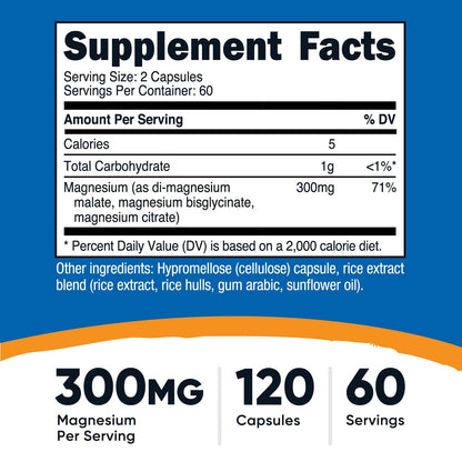 Nutricost Triple Magnesium Complex (300mg, 120 Capsules) - from Di-Magnesium Malate, Bisglycinate and Citrate, 60 Servings - dailyvitalstore