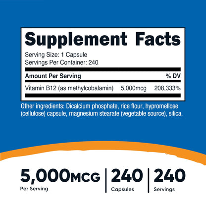 Nutricost Vitamin B12 (Methylcobalamin) 5000mcg, 240 Capsules - Vegetarian Caps, Non-GMO, Gluten Free B12 Supplement - dailyvitalstore