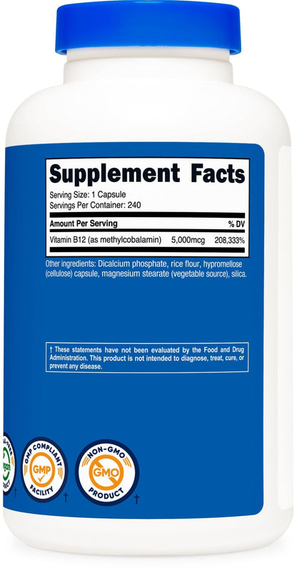 Nutricost Vitamin B12 (Methylcobalamin) 5000mcg, 240 Capsules - Vegetarian Caps, Non-GMO, Gluten Free B12 Supplement - dailyvitalstore