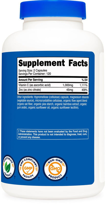 Nutricost Vitamin C with Zinc Capsules, 120 Servings - 1000mg, 45mg Zinc, Non-GMO, Gluten Free Vitamin C Supplement - dailyvitalstore