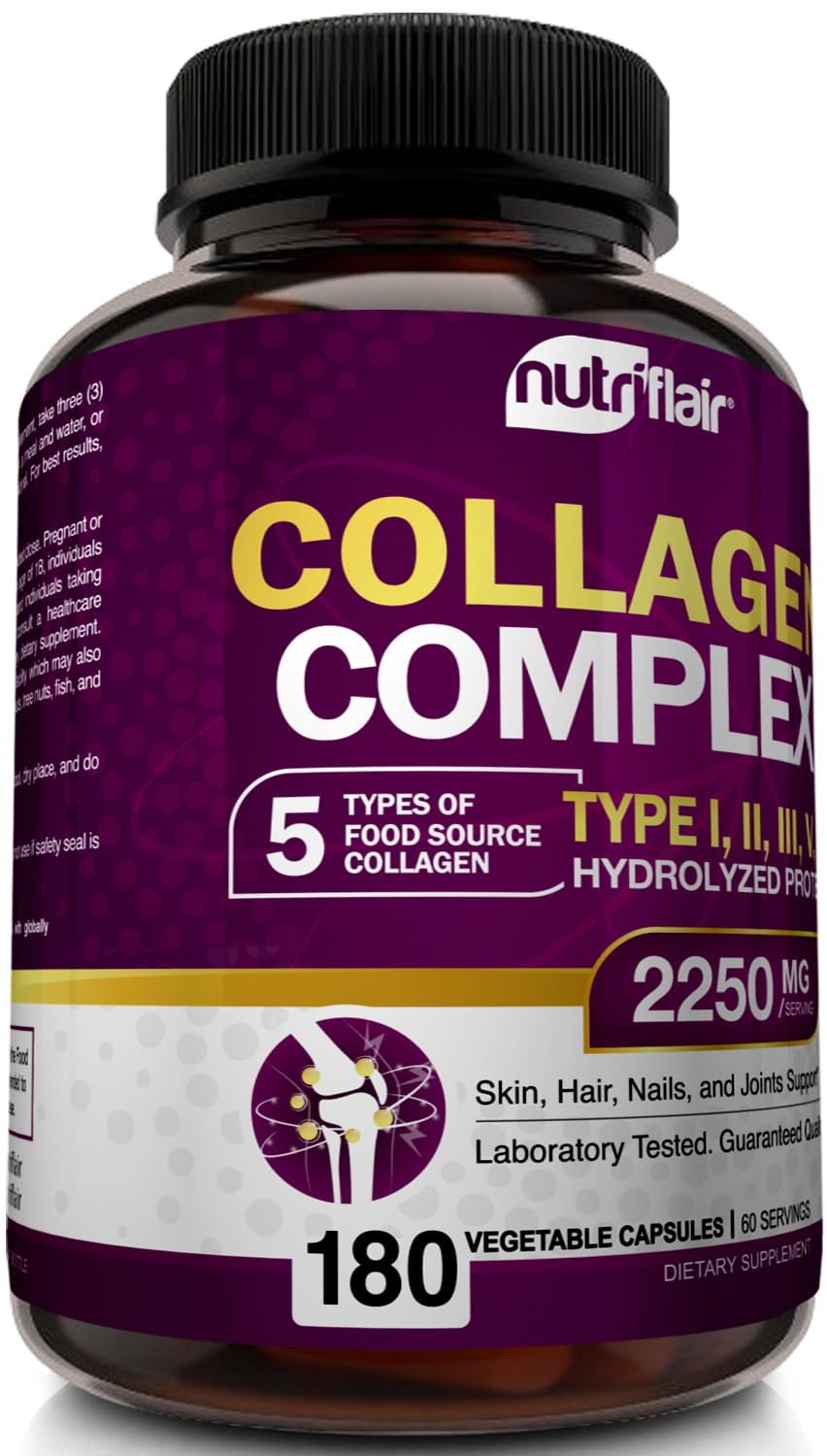 NutriFlair Multi Collagen Peptides 2250mg - Type I, II, III, V, X - Collagen Supplements Complex Powder Pills for Women and Men - Hydrolyzed Protein, Healthy Hair, Skin, Nails - Non-GMO (180 Capsules) - dailyvitalstore