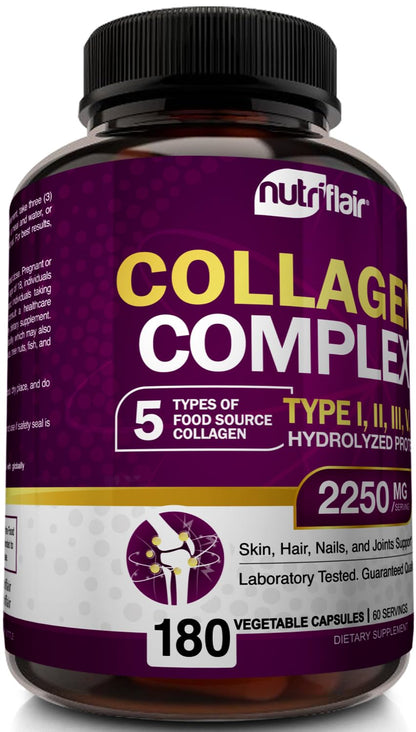 NutriFlair Multi Collagen Peptides 2250mg - Type I, II, III, V, X - Collagen Supplements Complex Powder Pills for Women and Men - Hydrolyzed Protein, Healthy Hair, Skin, Nails - Non-GMO (180 Capsules) - dailyvitalstore