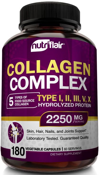 NutriFlair Multi Collagen Peptides 2250mg - Type I, II, III, V, X - Collagen Supplements Complex Powder Pills for Women and Men - Hydrolyzed Protein, Healthy Hair, Skin, Nails - Non-GMO (180 Capsules) - dailyvitalstore