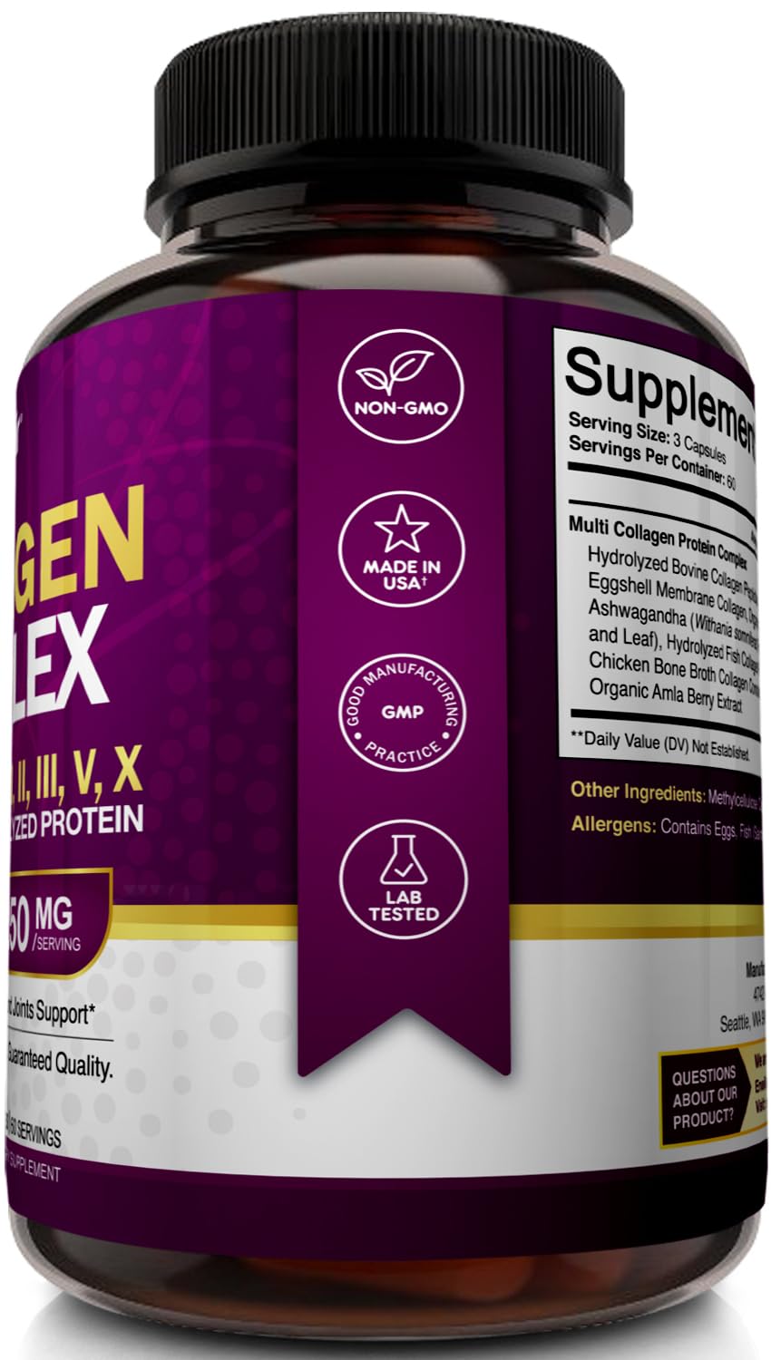 NutriFlair Multi Collagen Peptides 2250mg - Type I, II, III, V, X - Collagen Supplements Complex Powder Pills for Women and Men - Hydrolyzed Protein, Healthy Hair, Skin, Nails - Non-GMO (180 Capsules) - dailyvitalstore