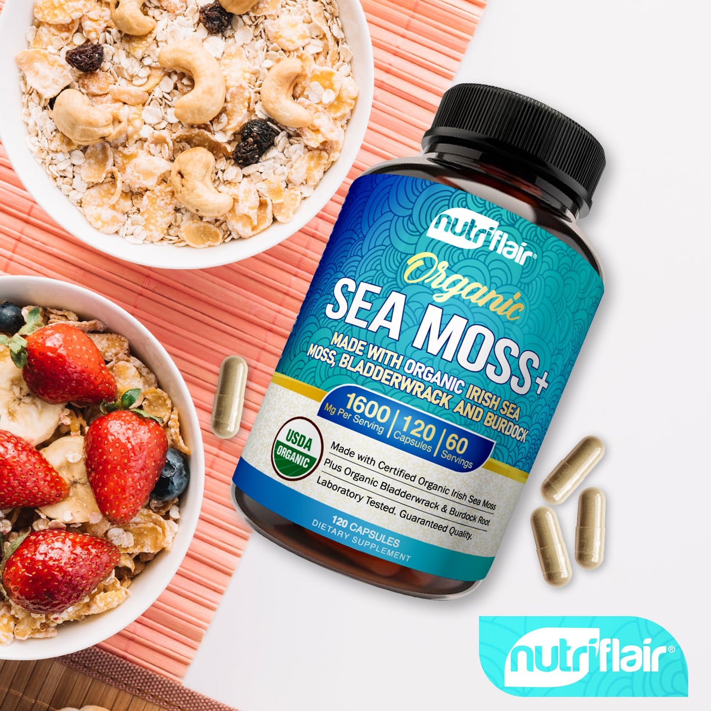 NutriFlair Organic Sea Moss 1600mg, 120 Capsules Plus Bladderwrack & Burdock - Prebiotic Super Food - Immune System & Digestive Health - Thyroid, Healthy Skin, Keto Detox, Gut - dailyvitalstore