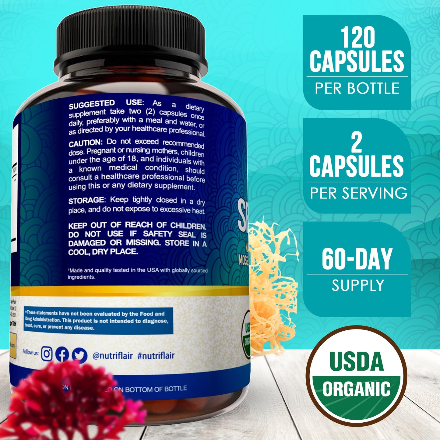 NutriFlair Organic Sea Moss 1600mg, 120 Capsules Plus Bladderwrack & Burdock - Prebiotic Super Food - Immune System & Digestive Health - Thyroid, Healthy Skin, Keto Detox, Gut - dailyvitalstore