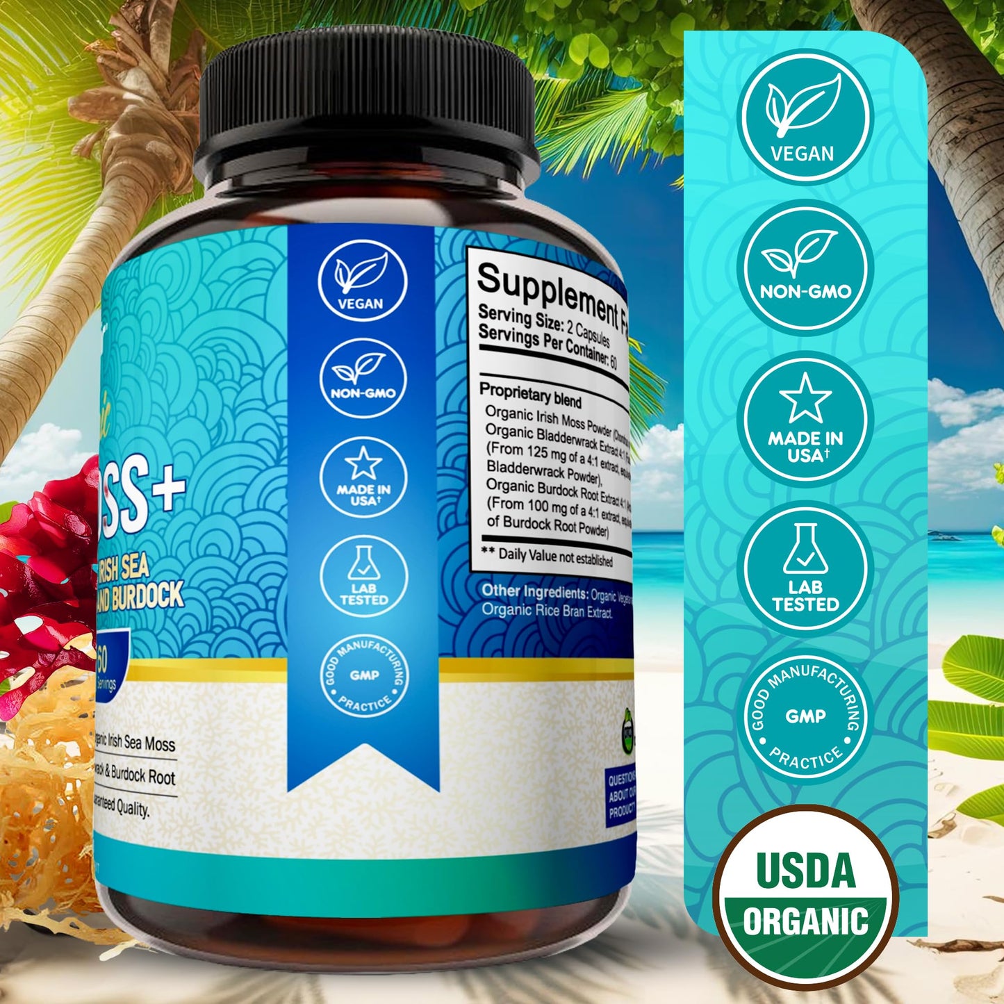 NutriFlair Organic Sea Moss 1600mg, 120 Capsules Plus Bladderwrack & Burdock - Prebiotic Super Food - Immune System & Digestive Health - Thyroid, Healthy Skin, Keto Detox, Gut - dailyvitalstore