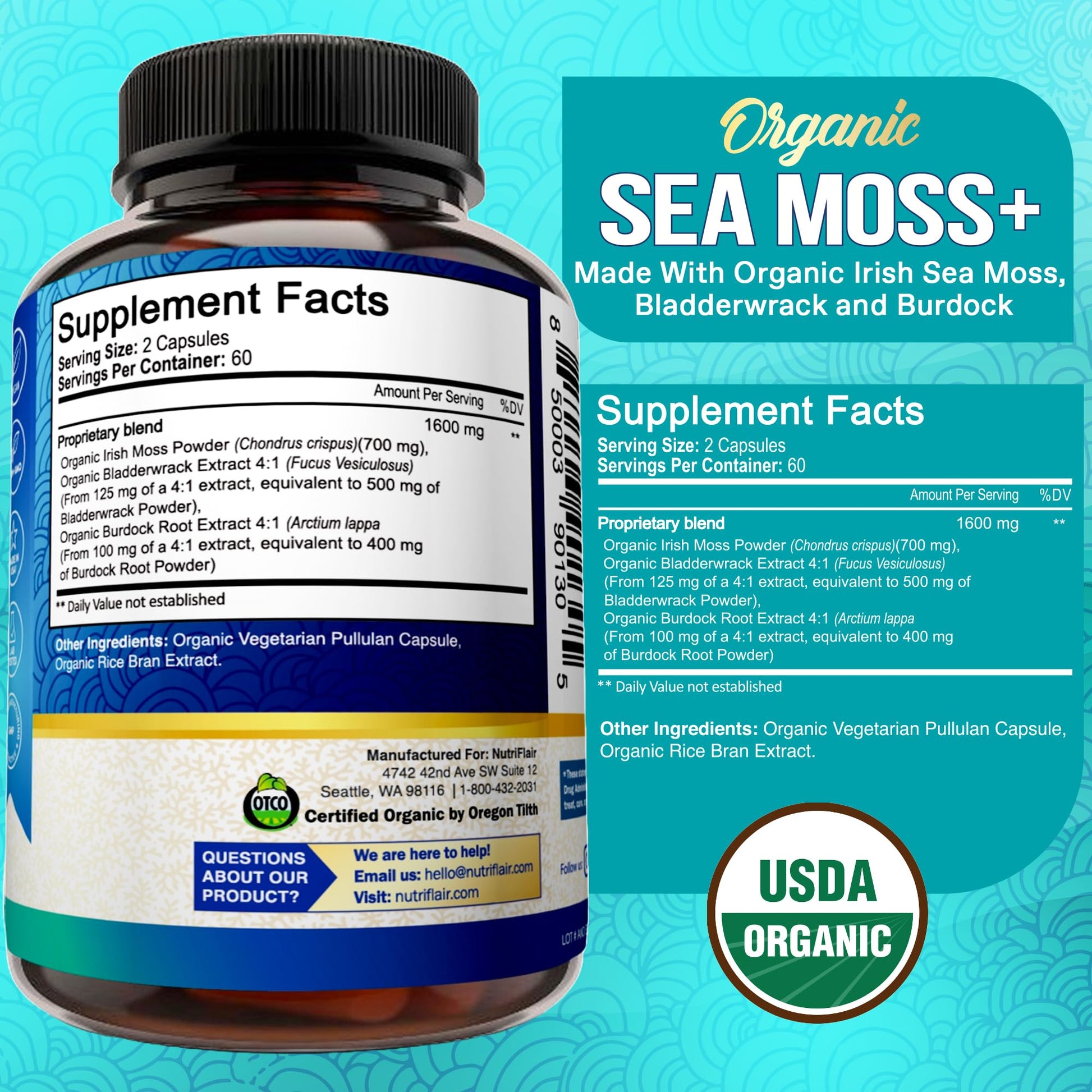 NutriFlair Organic Sea Moss 1600mg, 120 Capsules Plus Bladderwrack & Burdock - Prebiotic Super Food - Immune System & Digestive Health - Thyroid, Healthy Skin, Keto Detox, Gut - dailyvitalstore