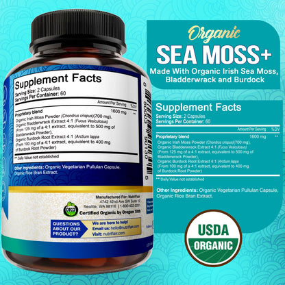 NutriFlair Organic Sea Moss 1600mg, 120 Capsules Plus Bladderwrack & Burdock - Prebiotic Super Food - Immune System & Digestive Health - Thyroid, Healthy Skin, Keto Detox, Gut - dailyvitalstore