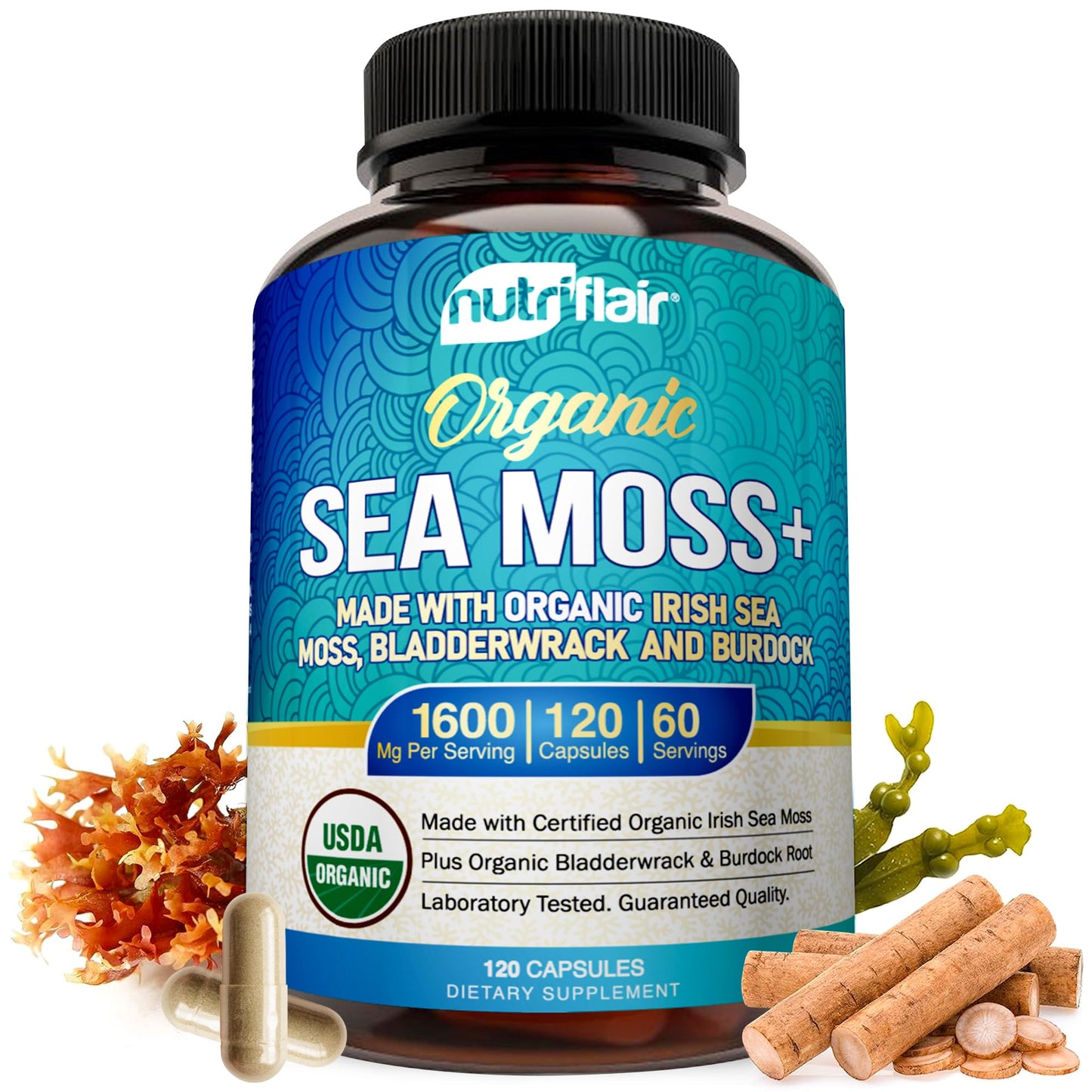 NutriFlair Organic Sea Moss 1600mg, 120 Capsules Plus Bladderwrack & Burdock - Prebiotic Super Food - Immune System & Digestive Health - Thyroid, Healthy Skin, Keto Detox, Gut - dailyvitalstore