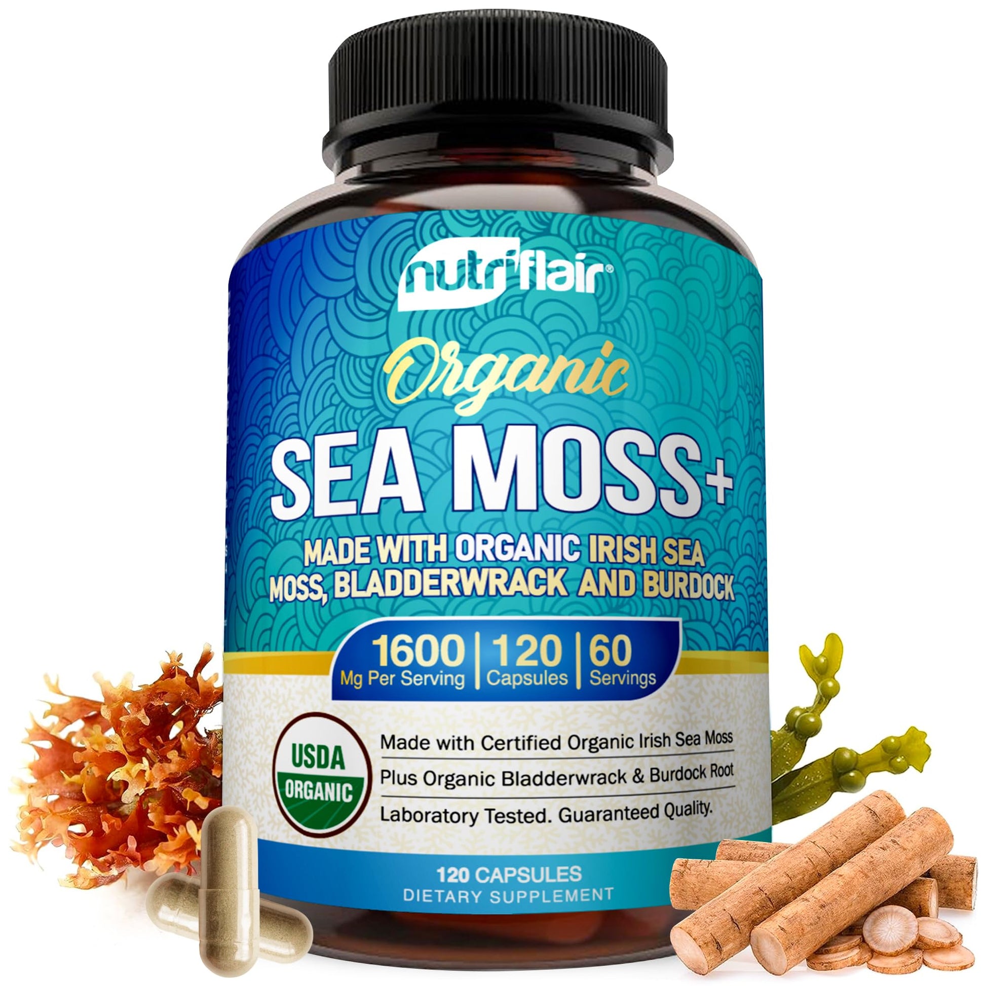 NutriFlair Organic Sea Moss 1600mg, 120 Capsules Plus Bladderwrack & Burdock - Prebiotic Super Food - Immune System & Digestive Health - Thyroid, Healthy Skin, Keto Detox, Gut - dailyvitalstore