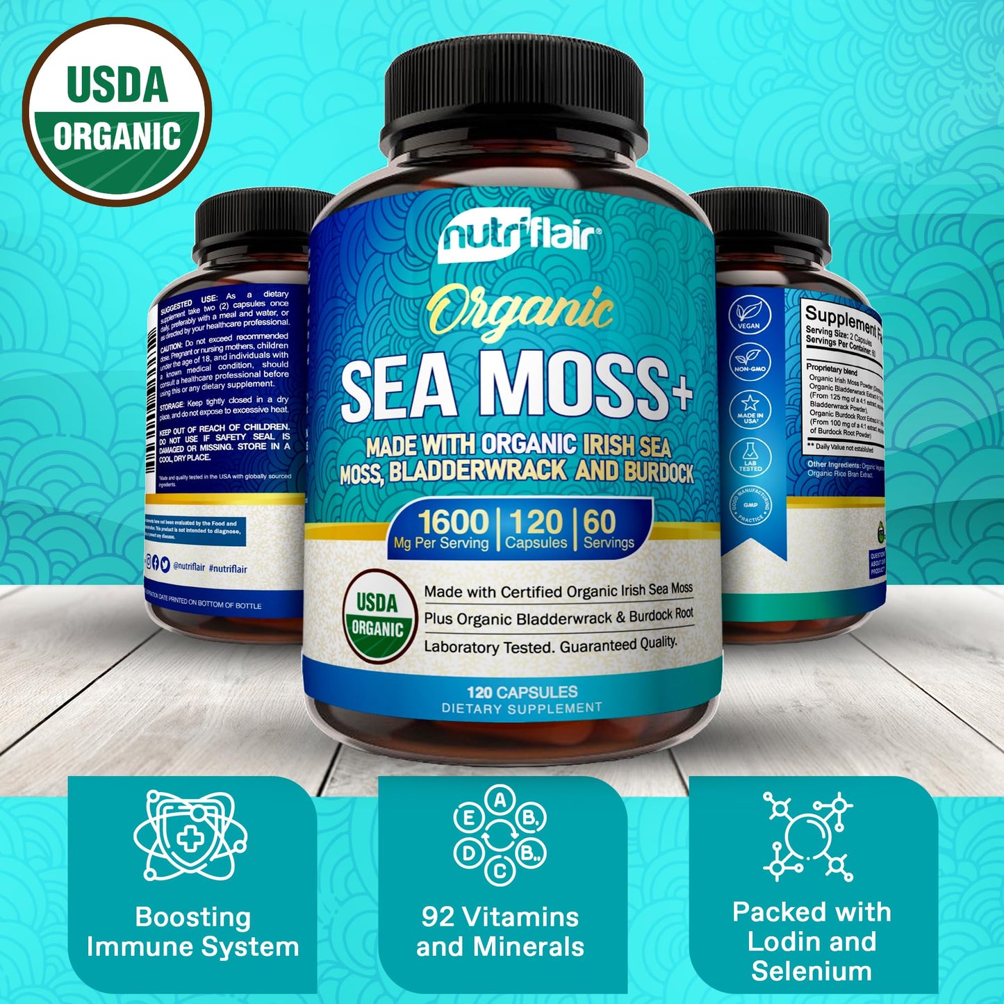 NutriFlair Organic Sea Moss 1600mg, 120 Capsules Plus Bladderwrack & Burdock - Prebiotic Super Food - Immune System & Digestive Health - Thyroid, Healthy Skin, Keto Detox, Gut - dailyvitalstore