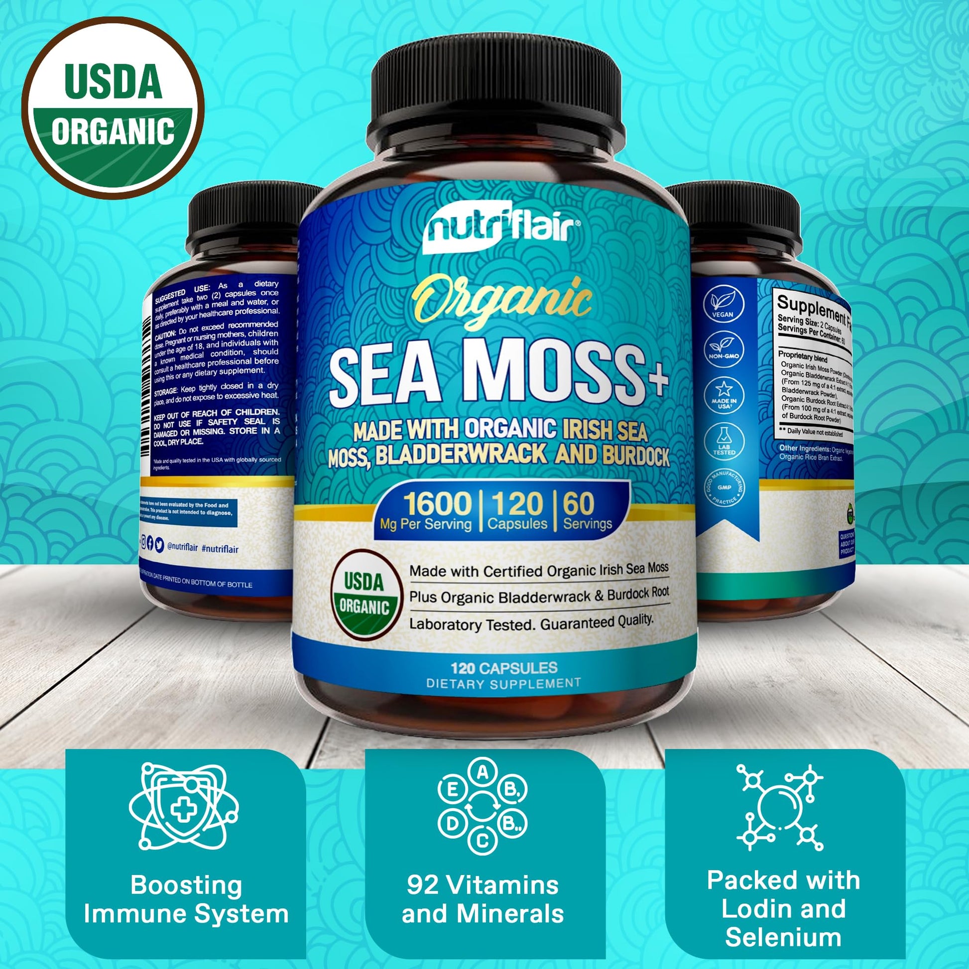 NutriFlair Organic Sea Moss 1600mg, 120 Capsules Plus Bladderwrack & Burdock - Prebiotic Super Food - Immune System & Digestive Health - Thyroid, Healthy Skin, Keto Detox, Gut - dailyvitalstore