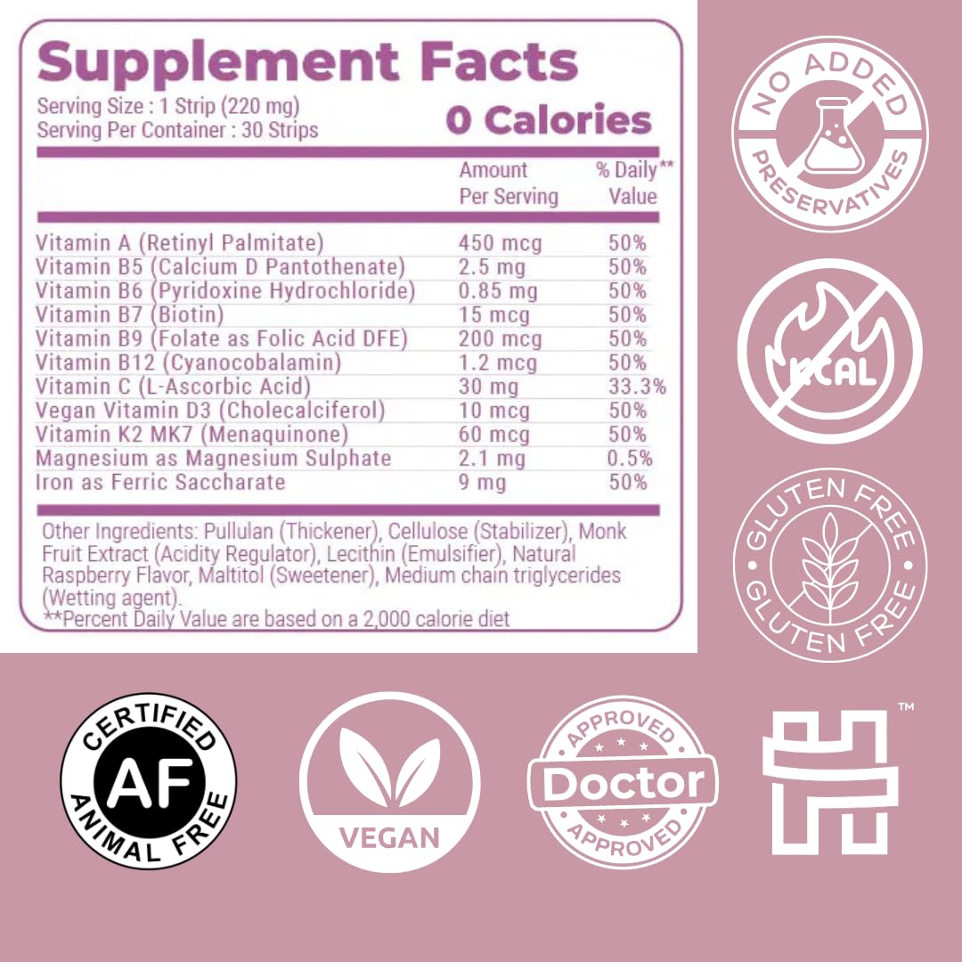 NutriHugs Daily Multivitamin Dissolving Strips - Vitamins A, B-Complex, C, D3 and K2 - 11 Essential Vitamins & Minerals - Vegan, Sugar-Free, Fast-Absorbing Oral Thin Film - Doctor-Founded - 30 Count - dailyvitalstore