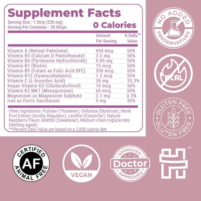 NutriHugs Daily Multivitamin Dissolving Strips - Vitamins A, B-Complex, C, D3 and K2 - 11 Essential Vitamins & Minerals - Vegan, Sugar-Free, Fast-Absorbing Oral Thin Film - Doctor-Founded - 30 Count - dailyvitalstore