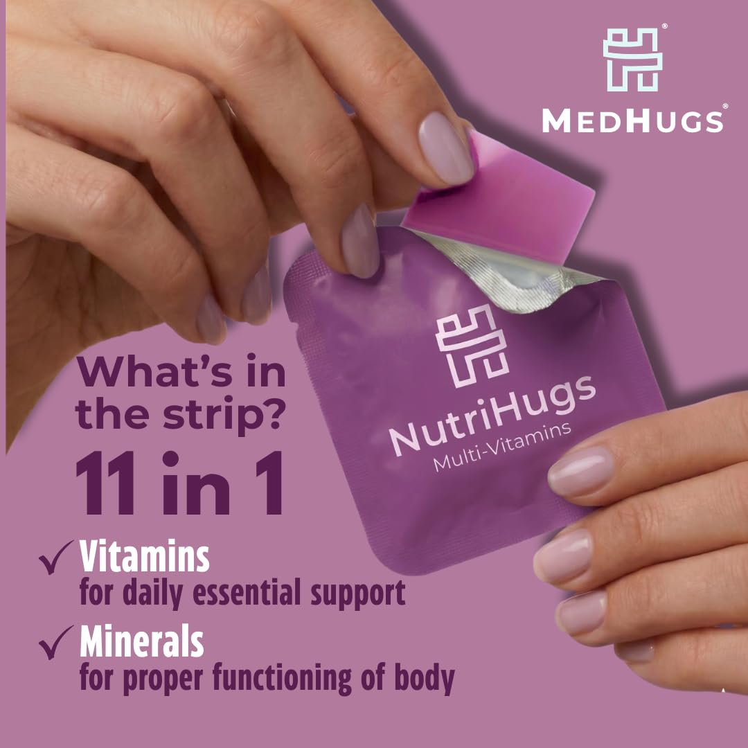 NutriHugs Daily Multivitamin Dissolving Strips - Vitamins A, B-Complex, C, D3 and K2 - 11 Essential Vitamins & Minerals - Vegan, Sugar-Free, Fast-Absorbing Oral Thin Film - Doctor-Founded - 30 Count - dailyvitalstore