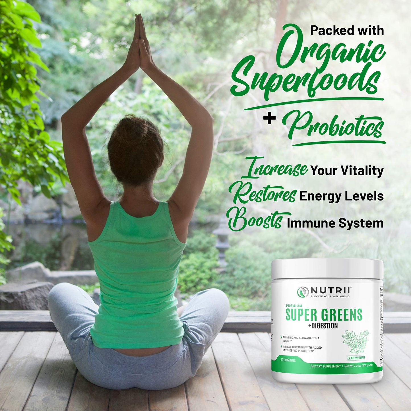 Nutrii Organic Green Immunity Superfood Powder - Soothes Digestion, Boosts Healthy Vitality and Energy. Fast Acting Formula with Probiotics, Enzymes, Turmeric and Ashwagandha (30 Servings Lemon-Mint) - dailyvitalstore
