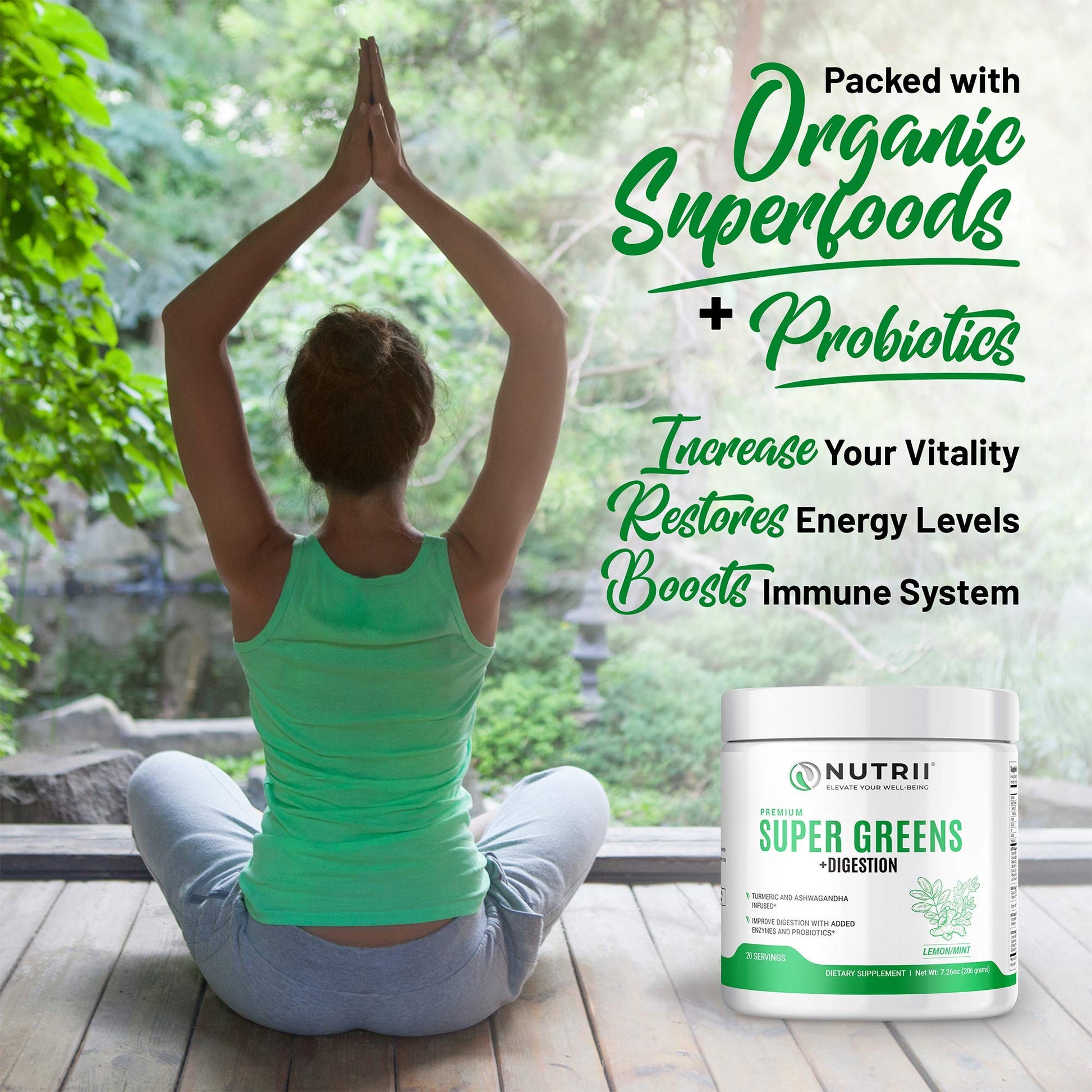 Nutrii Organic Green Immunity Superfood Powder - Soothes Digestion, Boosts Healthy Vitality and Energy. Fast Acting Formula with Probiotics, Enzymes, Turmeric and Ashwagandha (30 Servings Lemon-Mint) - dailyvitalstore