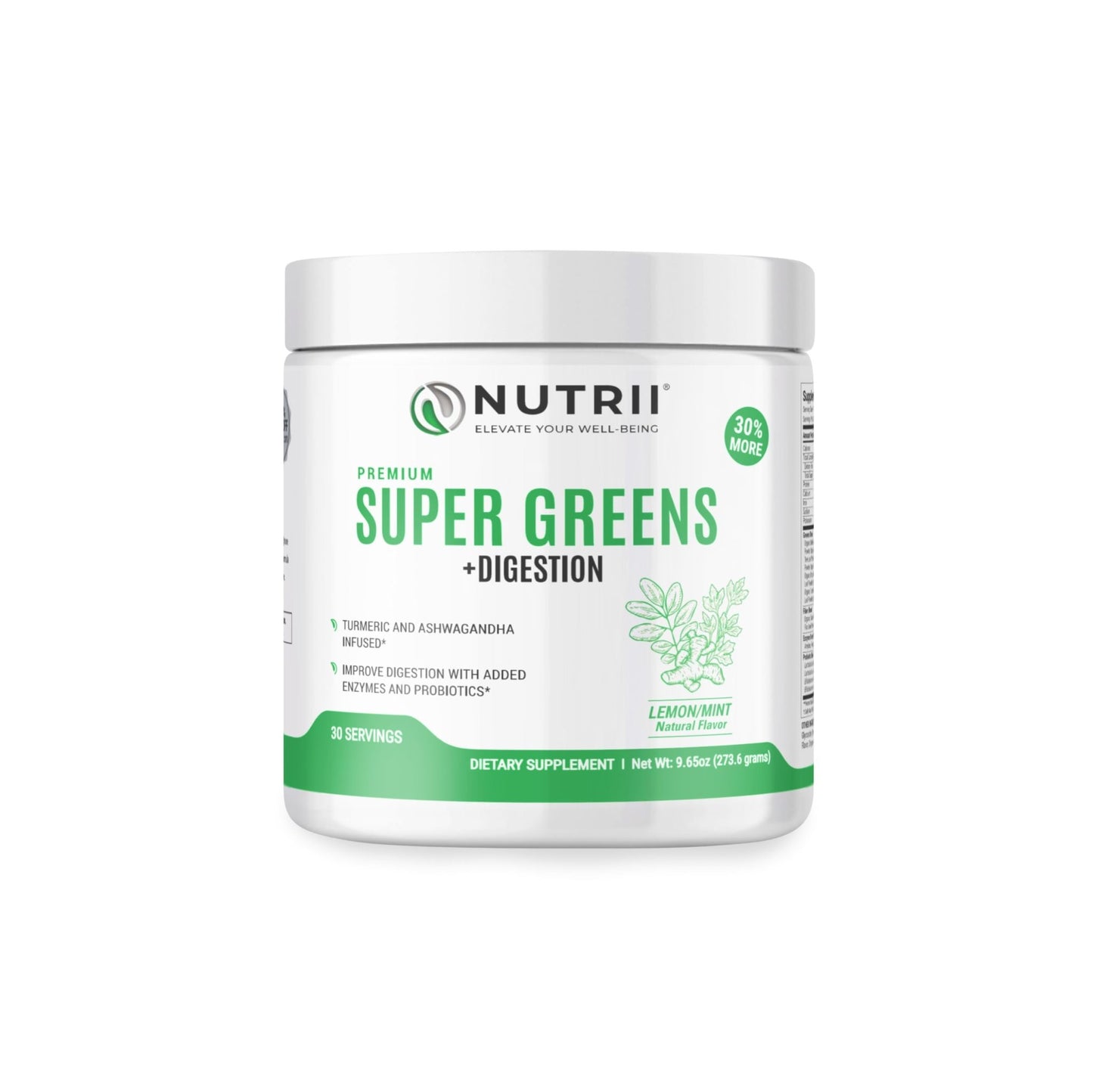 Nutrii Organic Green Immunity Superfood Powder - Soothes Digestion, Boosts Healthy Vitality and Energy. Fast Acting Formula with Probiotics, Enzymes, Turmeric and Ashwagandha (30 Servings Lemon-Mint) - dailyvitalstore