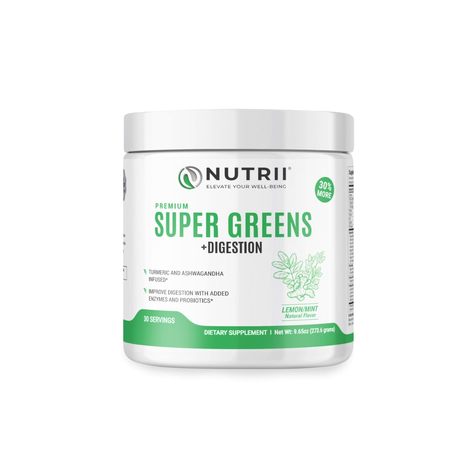 Nutrii Organic Green Immunity Superfood Powder - Soothes Digestion, Boosts Healthy Vitality and Energy. Fast Acting Formula with Probiotics, Enzymes, Turmeric and Ashwagandha (30 Servings Lemon-Mint) - dailyvitalstore