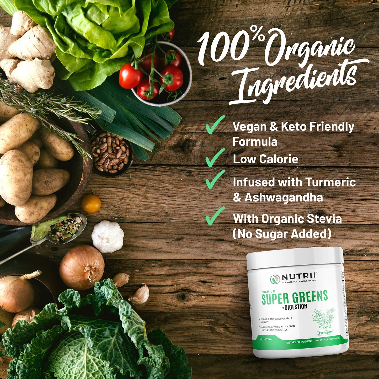 Nutrii Organic Green Immunity Superfood Powder - Soothes Digestion, Boosts Healthy Vitality and Energy. Fast Acting Formula with Probiotics, Enzymes, Turmeric and Ashwagandha (30 Servings Lemon-Mint) - dailyvitalstore