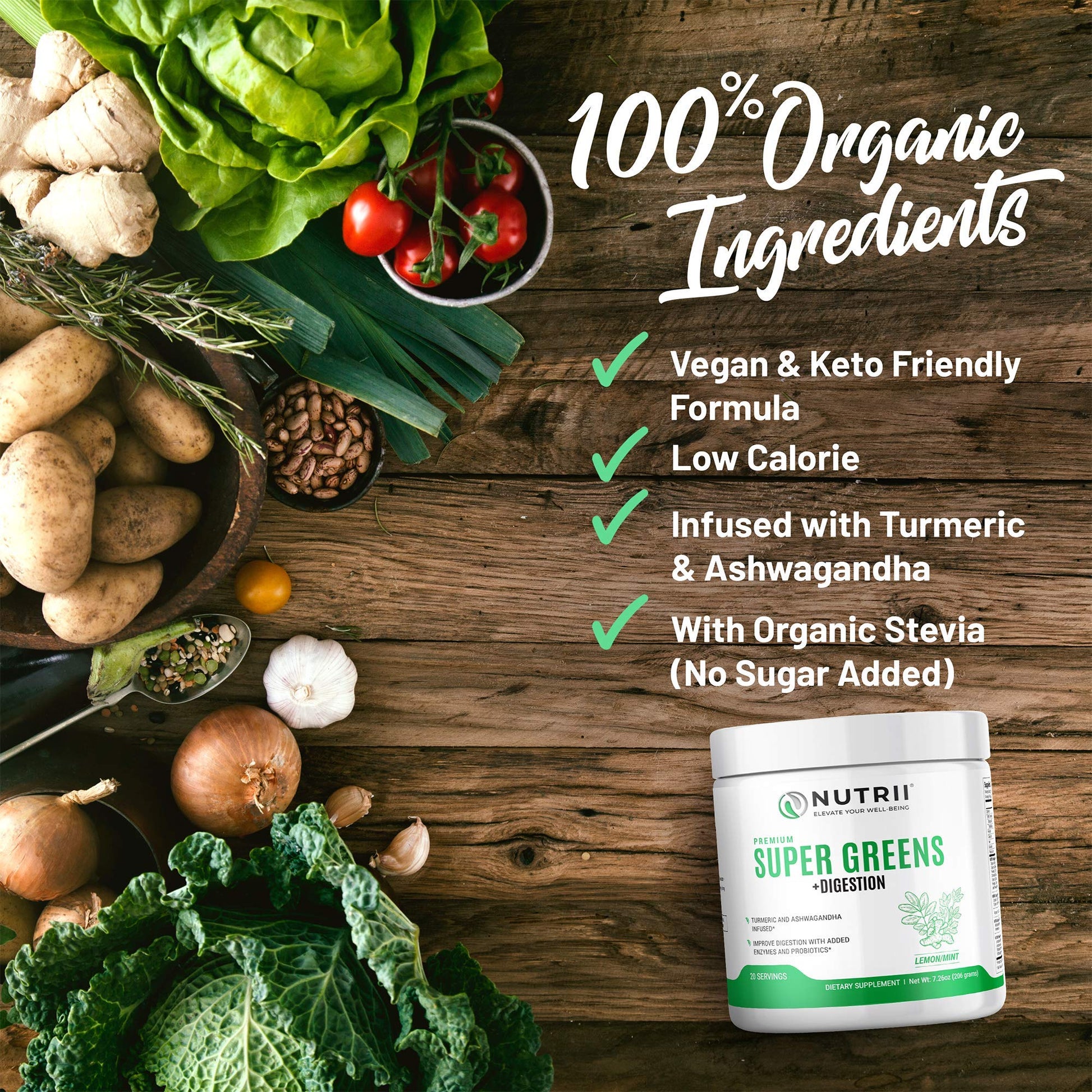 Nutrii Organic Green Immunity Superfood Powder - Soothes Digestion, Boosts Healthy Vitality and Energy. Fast Acting Formula with Probiotics, Enzymes, Turmeric and Ashwagandha (30 Servings Lemon-Mint) - dailyvitalstore