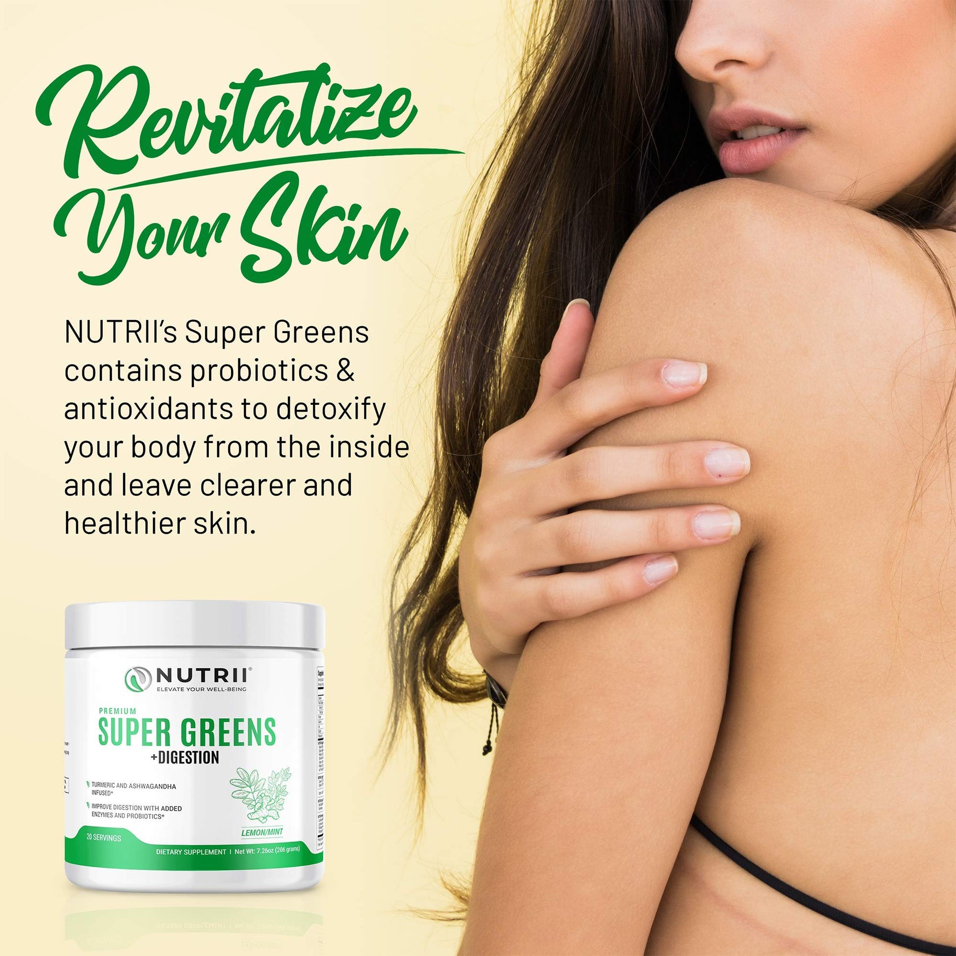 Nutrii Organic Green Immunity Superfood Powder - Soothes Digestion, Boosts Healthy Vitality and Energy. Fast Acting Formula with Probiotics, Enzymes, Turmeric and Ashwagandha (30 Servings Lemon-Mint) - dailyvitalstore